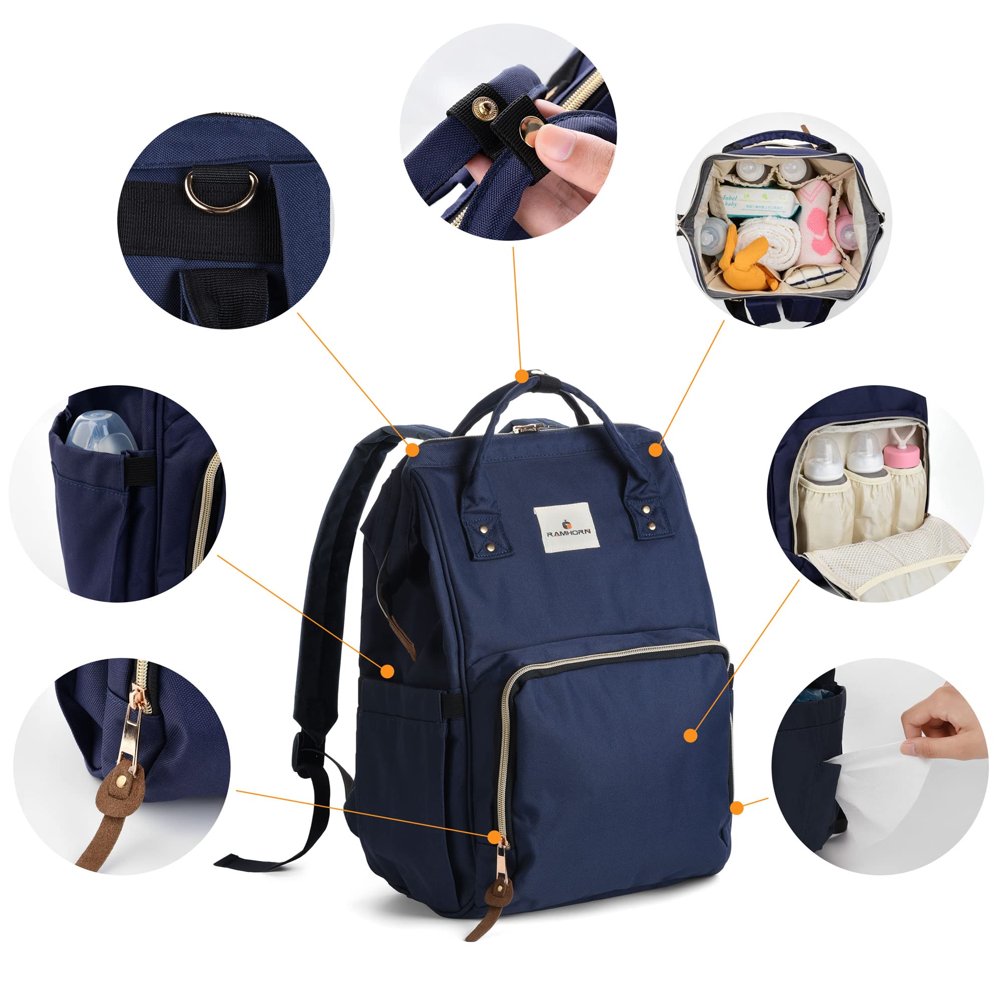 Ramhorn Diaper Bag Backpack Multifunction Waterproof Travel Back Pack for Mom Blue