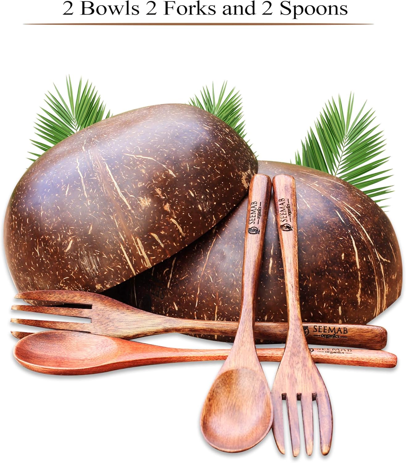 Coconut Bowl, Set of 2 Bowls 2 Forks and 2 Spoons, 100 Natural and Eco
