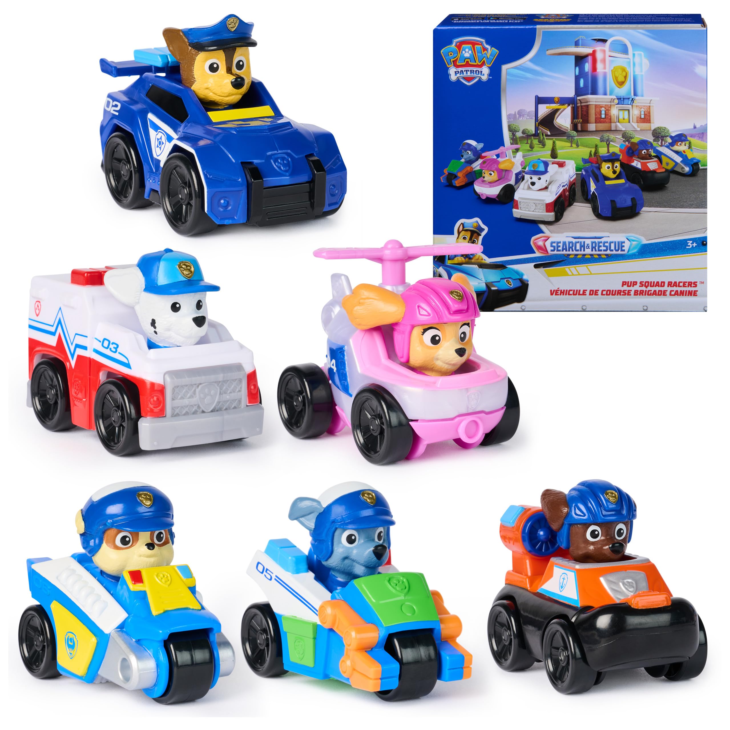 PAW Patrol Search & Rescue, Pup Squad Racers, 6-Pack of PAW Patrol Vehicles with Chase, Marshall, Skye, Rubble, Rocky, & Zuma, Kids Toys for Boys & Girls Ages 3 and Up