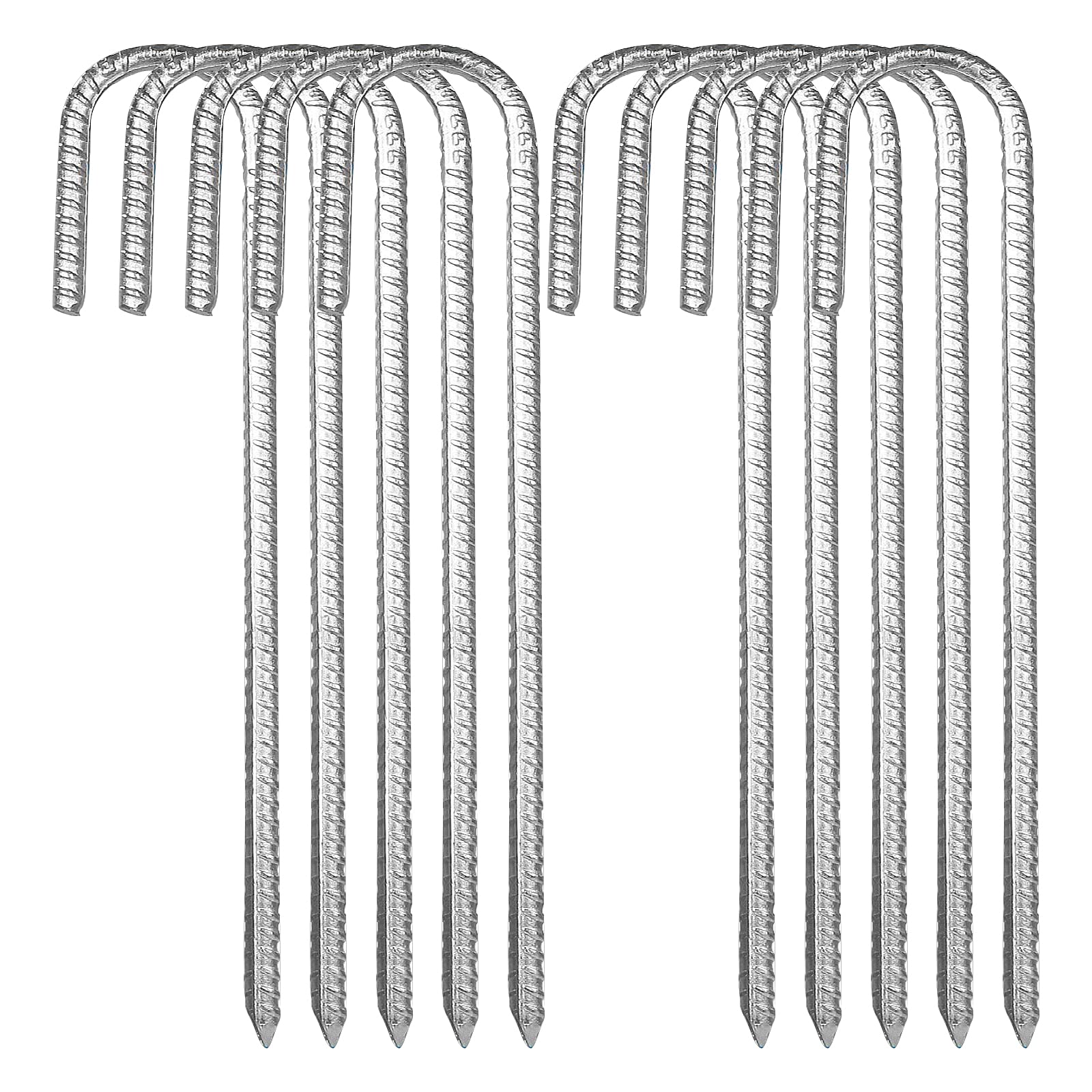 10 Pack Ground Rebar Stakes, 12 inch Heavy Duty Galvanised Steel Tent Nails J Hooks Anchors Anchorage Stakes Tent Pegs for Camping Tents Trampoline Canopies Animals Playset Sheds Car Ports Swing Sets