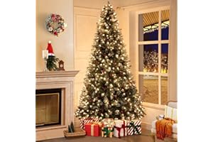 NAOMI HOME Vancouver 7.5ft Frosted Prelit Artificial Christmas Tree with Pine Cones,Faux Berries, Foot Pedal, 1346 Branch Tips,550 Warm Lights & Metal Stand, 53" Wide Realistic Decorated Spruce Christmas Tree