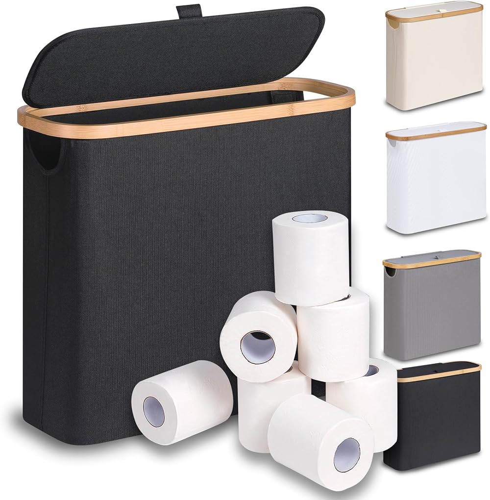 efluky 30L Bamboo Toilet Roll Storage with Lid Black