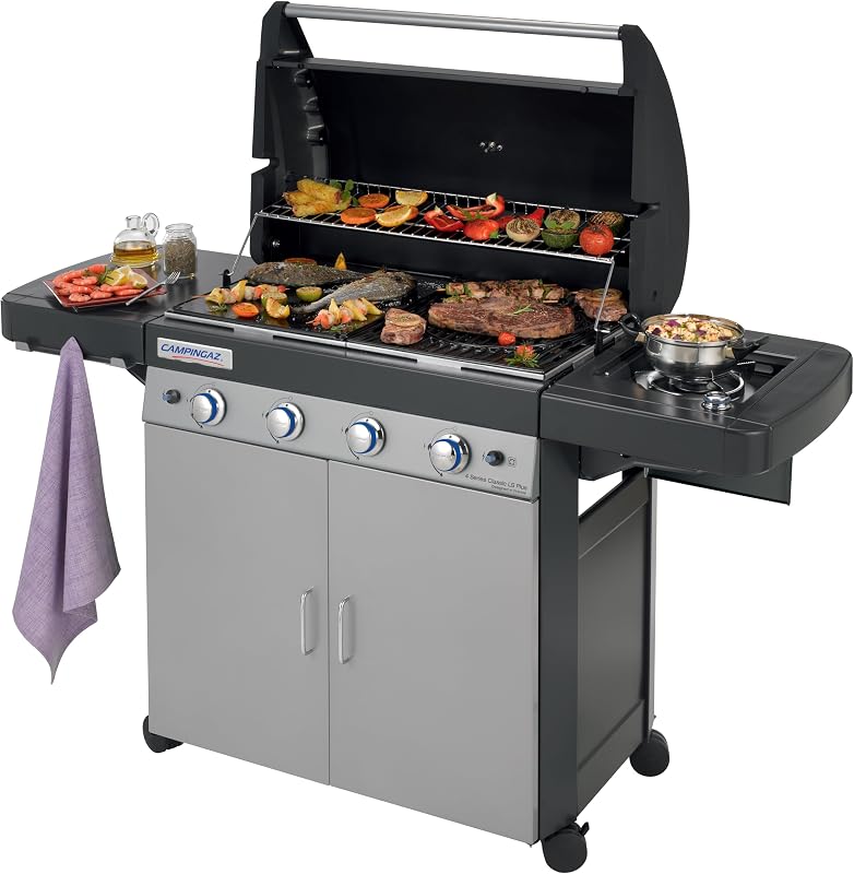 4 Series Classic LS Plus Gas Grill Barbecue con 4 Bruciatori, Sistema di Pulizia Facile InstaClean, 2 Tavoli a Lato, Grigio, 160.3 x 60 x 115.6 cm