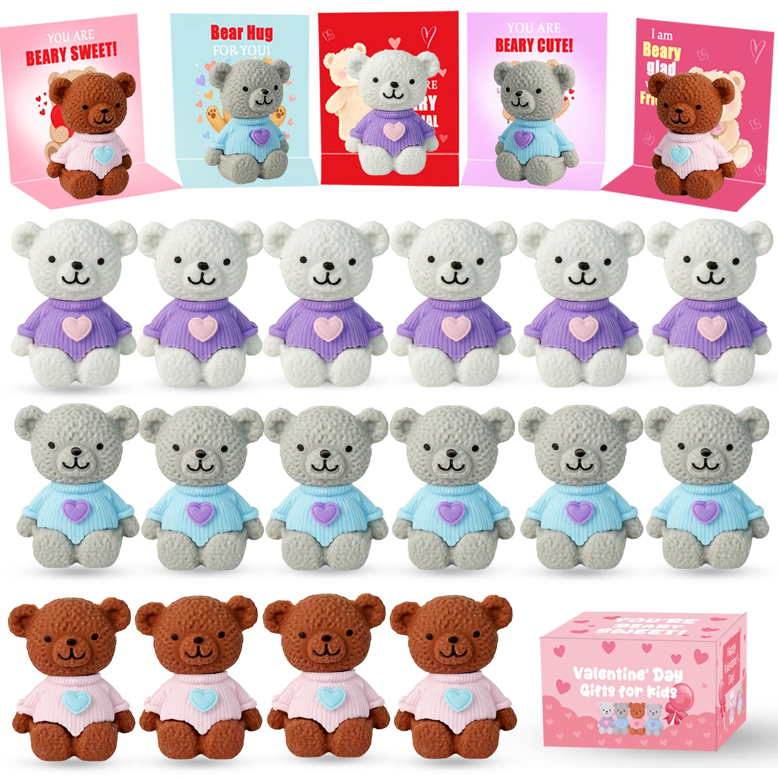 Photo 1 of 24pcs Valentines Day Gifts for Kids,Valentines Day Cards with Bear Erasers,Valentine Bulk Erasers School Classroom Students Exchange Gifts Party Favors