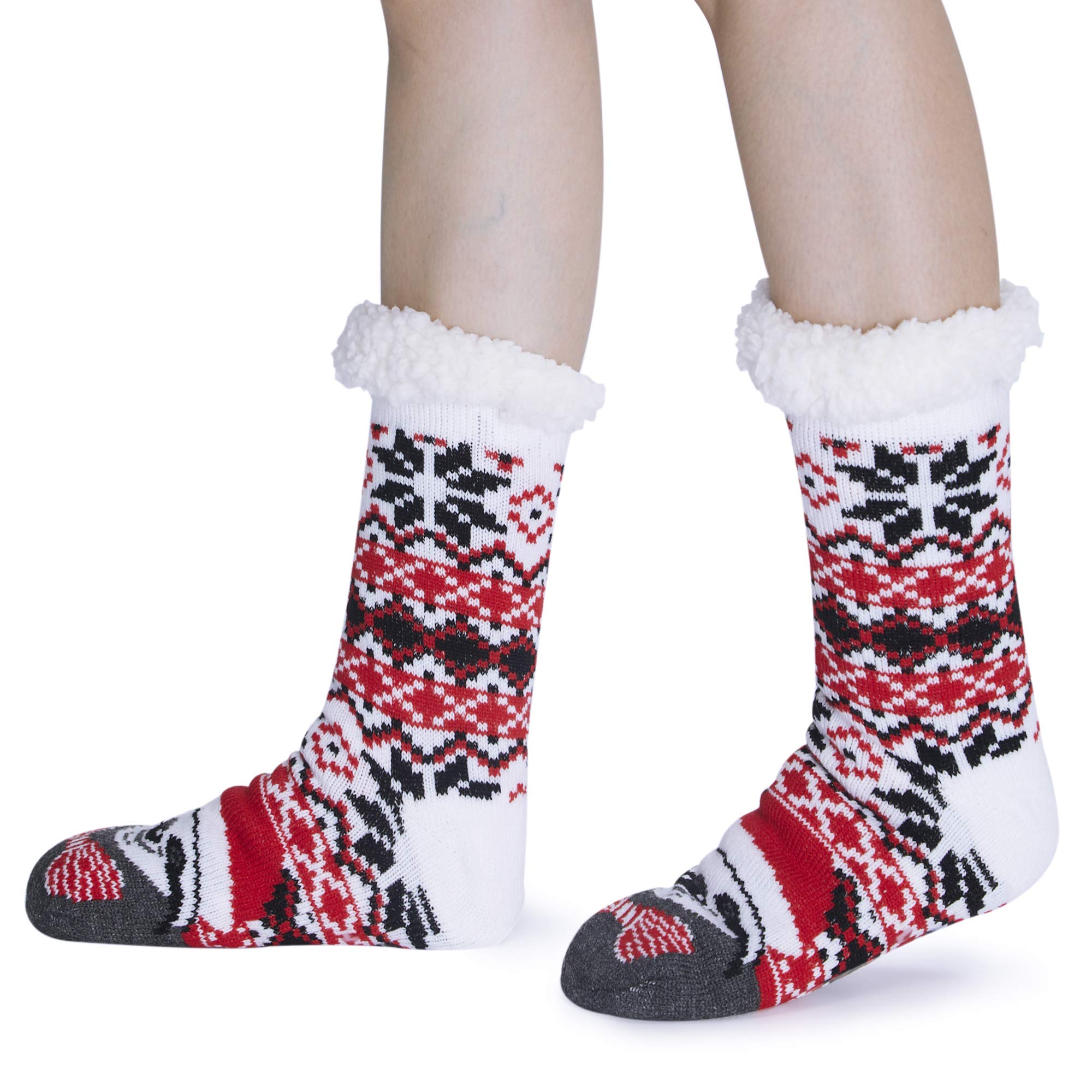 Spreadhoodie Womens Soft Fluffy Socks Warm Fuzzy Lined Cute Christmas Elk Santa Claus Winter Home Socks Non Slip Slipper Socks Red