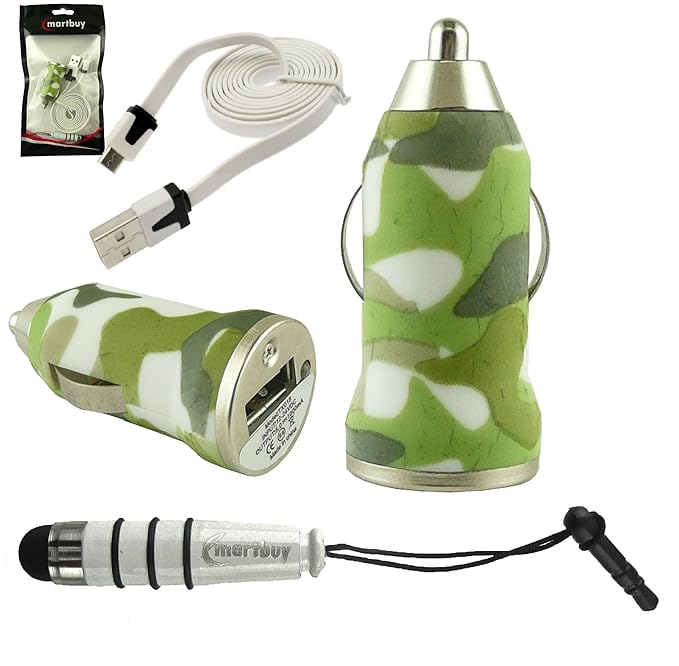 Emartbuy Trio Pack für Siswoo R8 Monster / i7 Cooper - Grün Camouflage 1 Ampere USB Autoladegerät + Weiß Mini Metallic Eingab