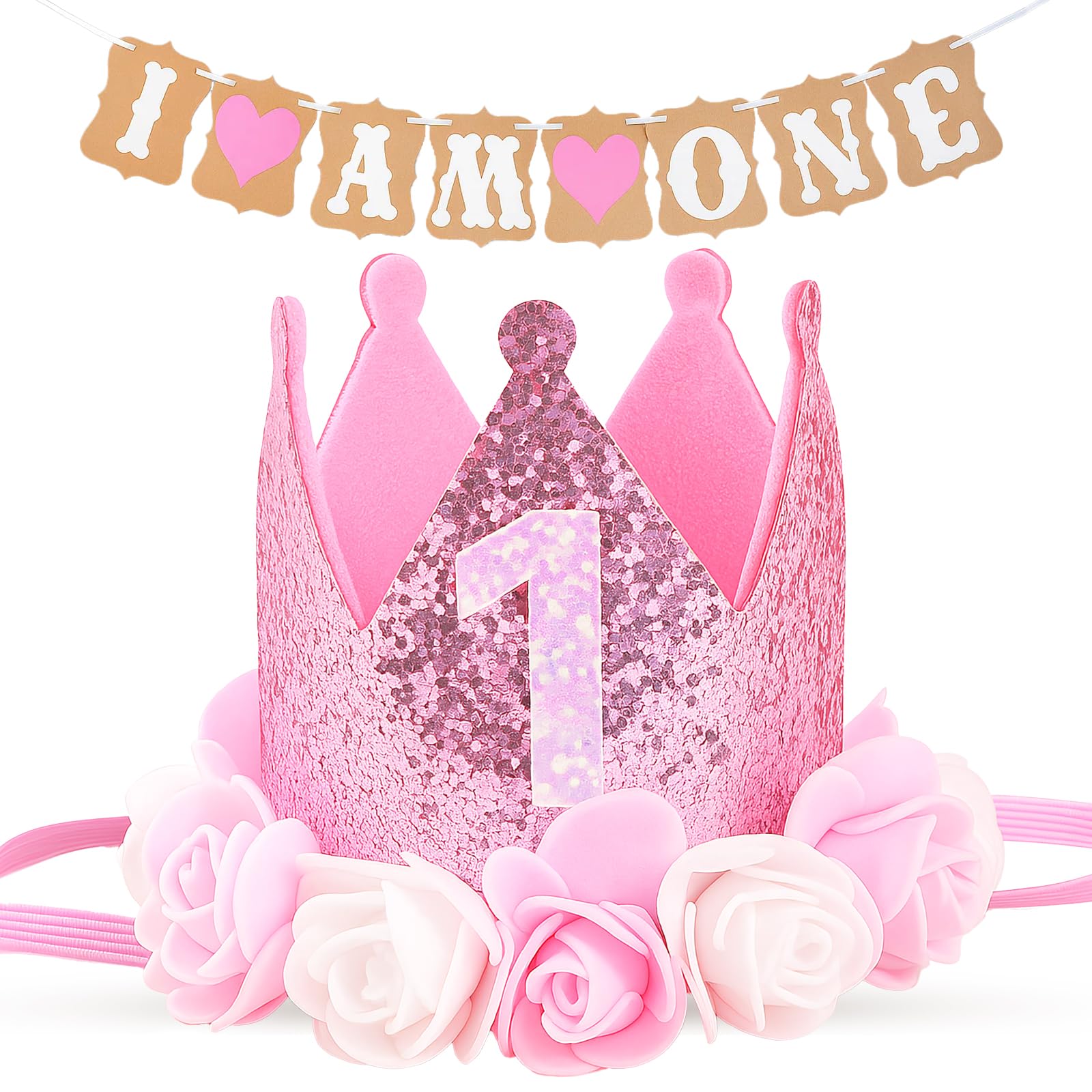 1st Birthday Decorations for Girls, Floral Crown Hat and Banner Set, Cute First Birthday Party Decor, Adjustable Headband for Baby Girls, Photo Prop, Pink