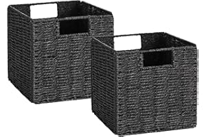 Vagusicc Storage Basket, Set of 2 Hand-Woven Storage Baskets for Organizing with Handles, Foldable Cube Storage Baskets Bins Organizer, 13 inch Large Wicker Baskets for Shelves & Decor, Black
