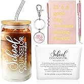 Sunnychicc 5 Pcs School Counselor Must Have for Women 16oz Glass Cup Makeup Bag Leather Notebook Pen Keychain Thank You Gift for School Counseling Week Guidance Teacher Appreciation(Rose Red)