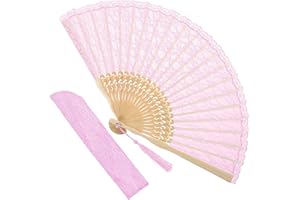 GREVOSEA 1 Pcs Folding Hand Fan, Pink Lace Vintage Retro Fabric Hand Held Chines/Spanish Foldable Fans for Men/Women Wedding Party Favor Performance Dance Home Decorations Festival Gift