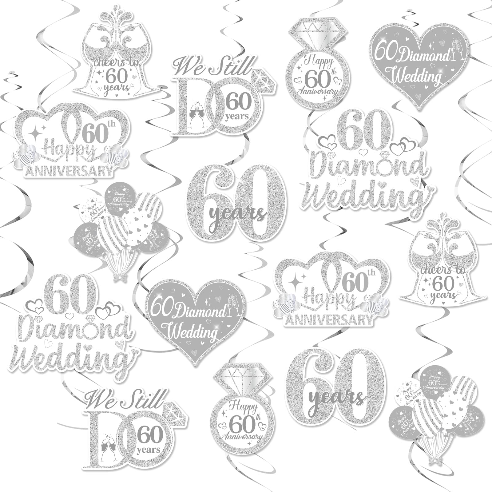 Cheereveal 24 Pieces 60th Wedding Anniversary Decorations, 60th Diamond Wedding Anniversary Hanging Swirls, Ceiling Decorations for Couple, Happy Anniversary Valentine Party Supplies
