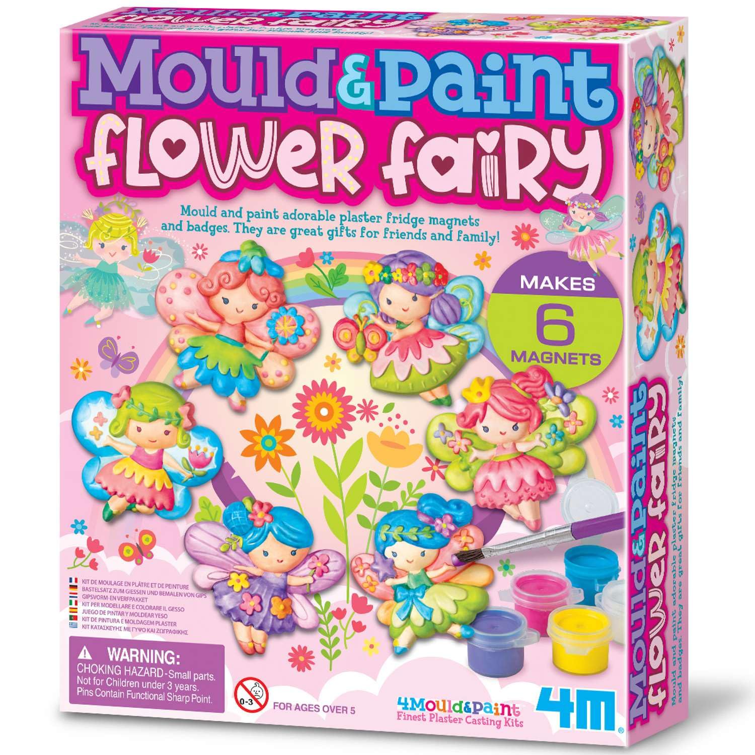 4M Mould & Paint Glitter Flower Fairy Kit | Creative Fairies Craft Set with Plaster, Paints & Brush for Kids Age 5+ | DIY Moulding Activity to Make 6 Magnets or Badges | Fun Art Gift for Children
