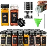 TESUNMU Spice Jars with Label，4oz Glass Spice Bottles With Shaker Lids，Seasoning Containers with Funnel, Chalk Pen for Cabinet，Drawer，Rack (Black, 24)