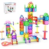 PicassoTiles 70 Piece Marble Run Magnetic Tiles Race Track STEM Ages 3+ | 8 quarter-round turns, 10 long slides, 4 U-turns, 2 funnels &amp; 2 slopes, 4 weighted balls, BPA-free, fine motor &amp; spatial play