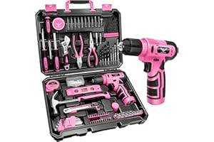 JENABOM Drill Set: Tool Set with 8V Pink Cordless Drill, Home Tool Kit with Drill, Hand Tool Kits for Women, Homeowner, Diyer
