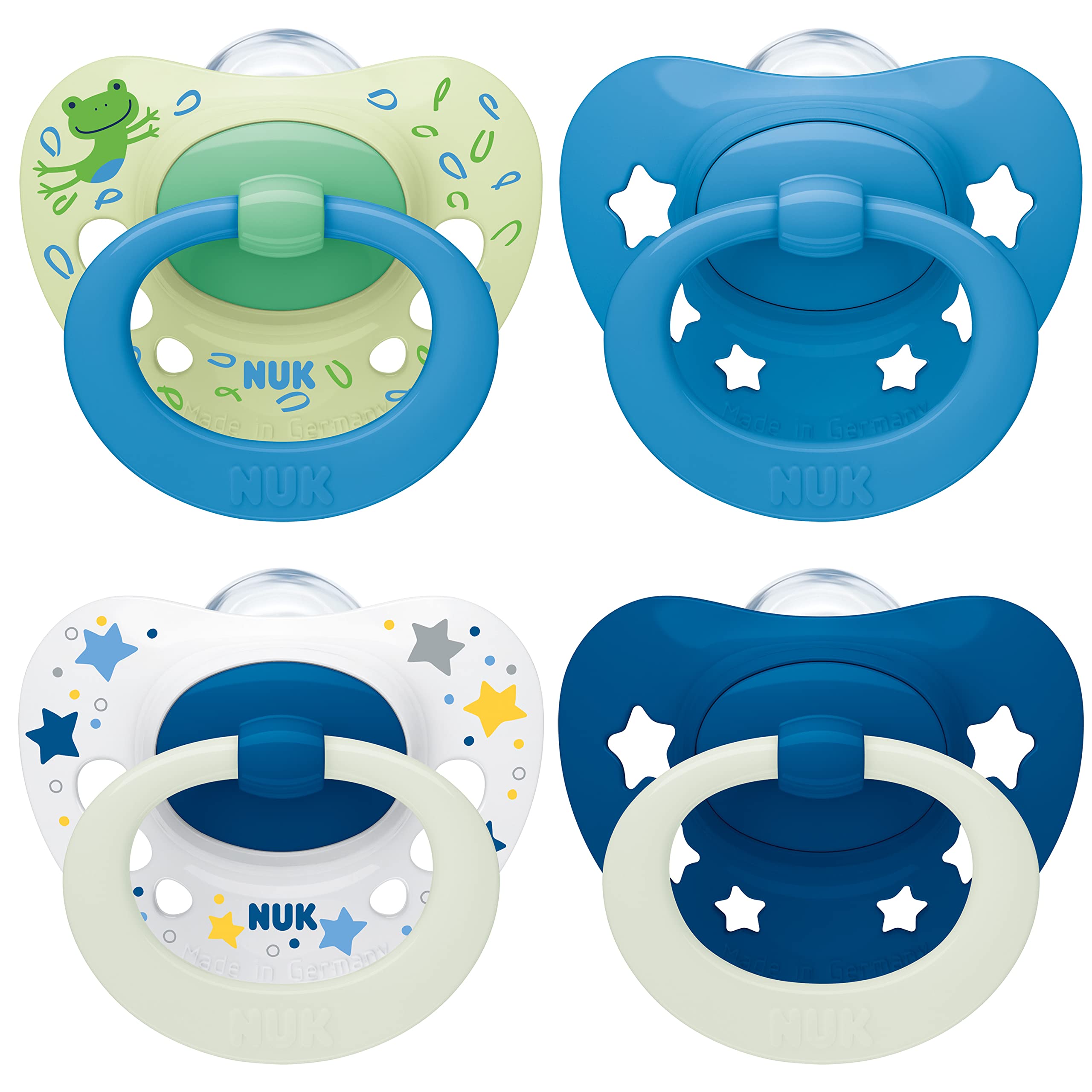 NUK Signature Day & Night Baby Dummy | 6-18 months | Soothes 95% of Babies | Heart-Shaped BPA-Free Silicone Soothers | Glow-in-the-Dark | Stars | 4 Count — image 1