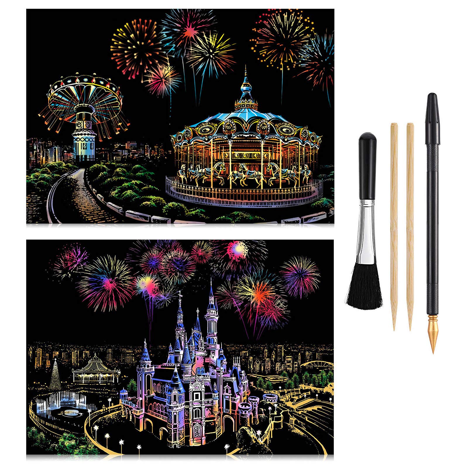 Scratch & Engraving Arts Paper(16"x11.2") for Teens & Adults, Rainbow Sketch Painting Landscape Scratchboard, Craft Kits : 2 Pack with 4 Tools - Drawing Pens, Brush(Castle/Amusement Park)
