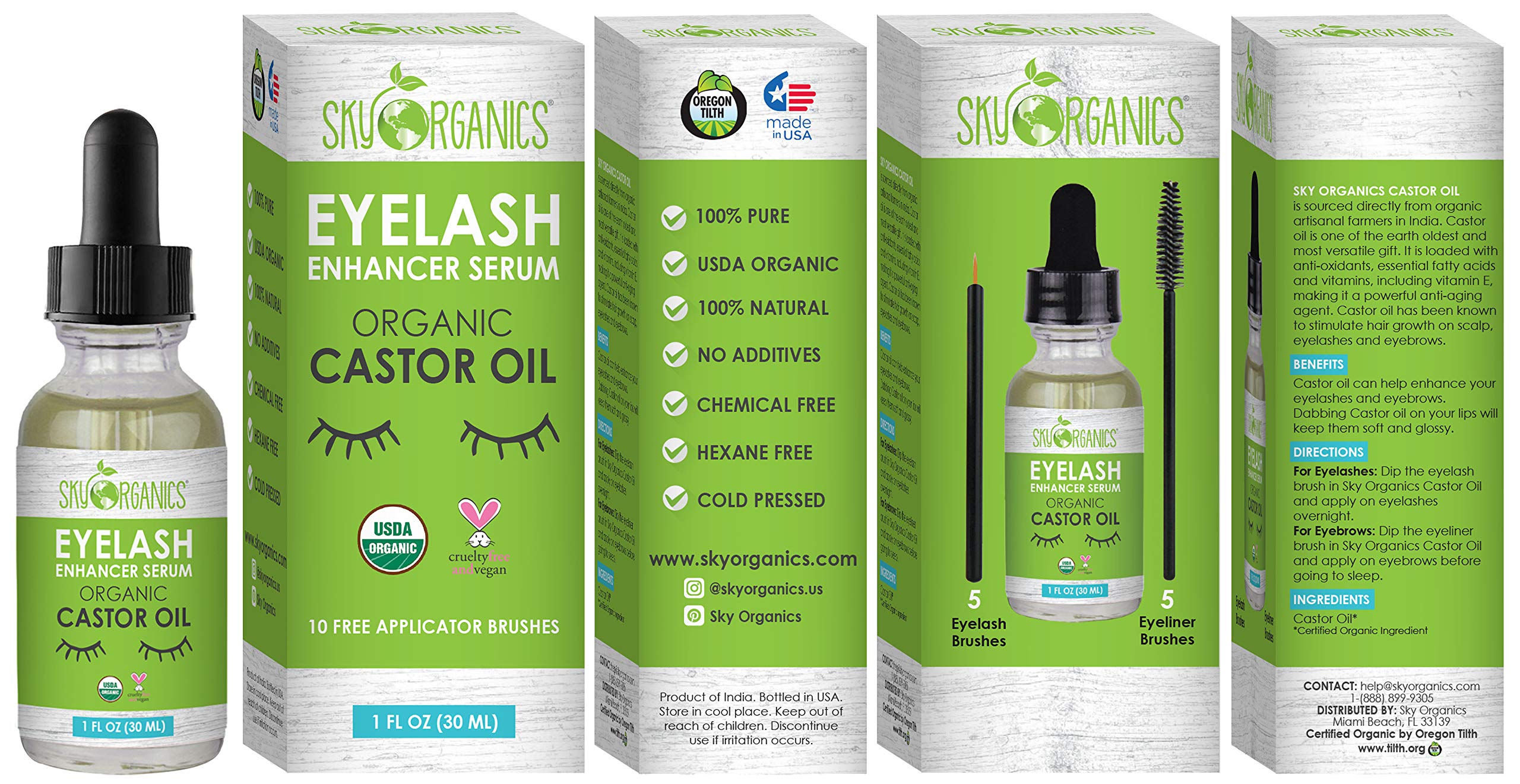 Organic Castor Oil Eyelash Serum By Sky Organics ColdPressed, 100