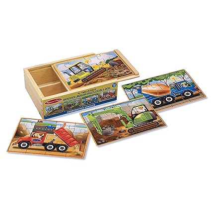 Melissa & Doug Construction Vehicles 4-in-1 Wooden Jigsaw 12-Piece Puzzles (Beautiful Original Artwork, 48 Pieces Total)