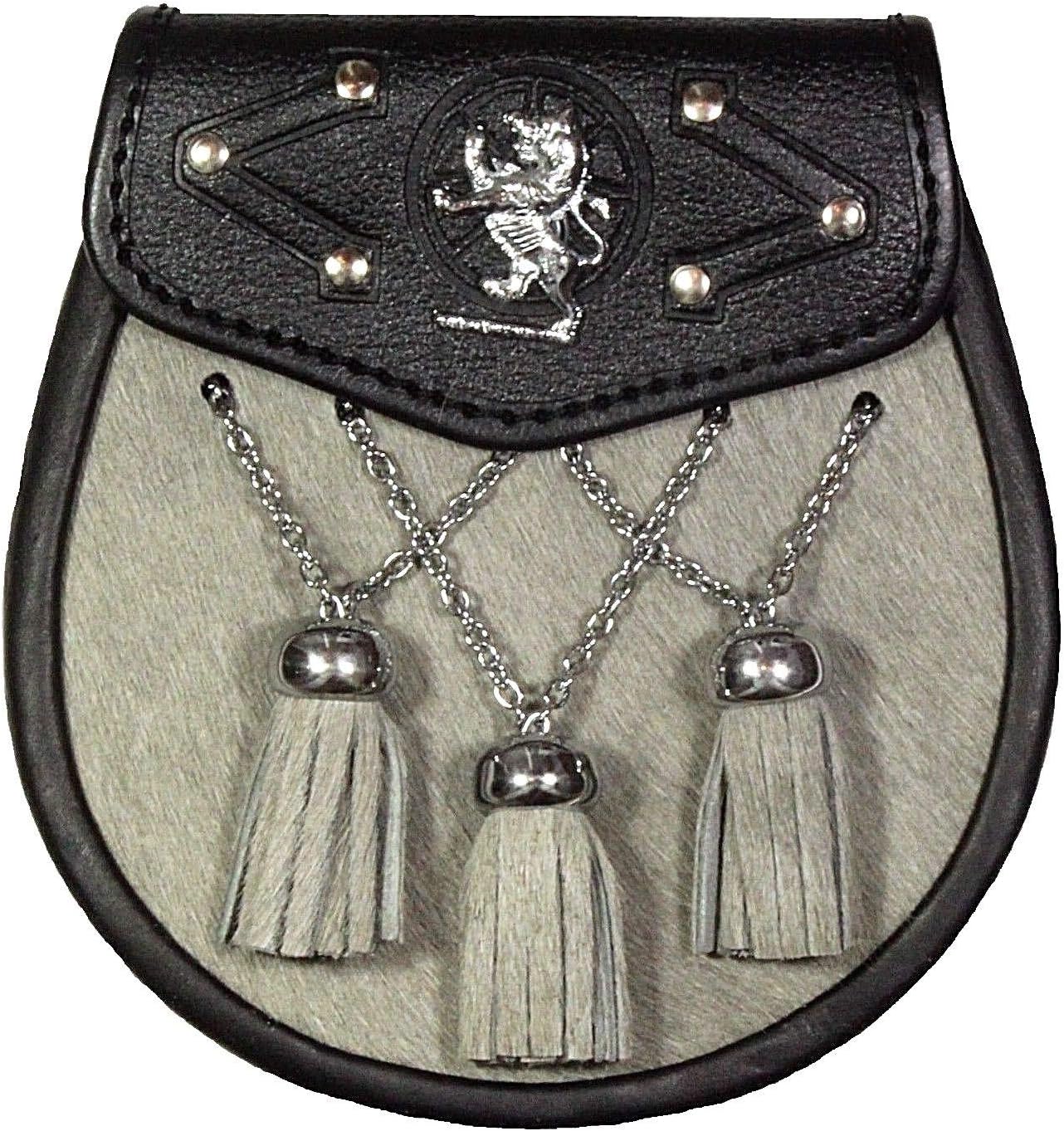 Lion Sporran Three Tassels, Leather Kilt Sporran With Chain Belt Grey
