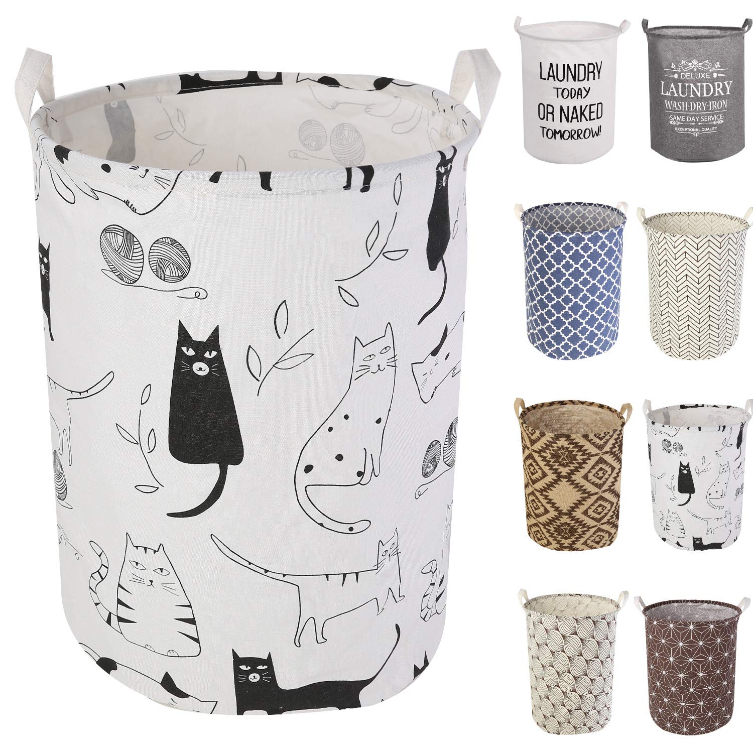 LessMo 17.7" Laundry Hamper, Collapsible Storage Basket With Easy Carry Handles, Waterproof Round Cotton Linen, for Baby Products, Toys, Bedroom Hamper