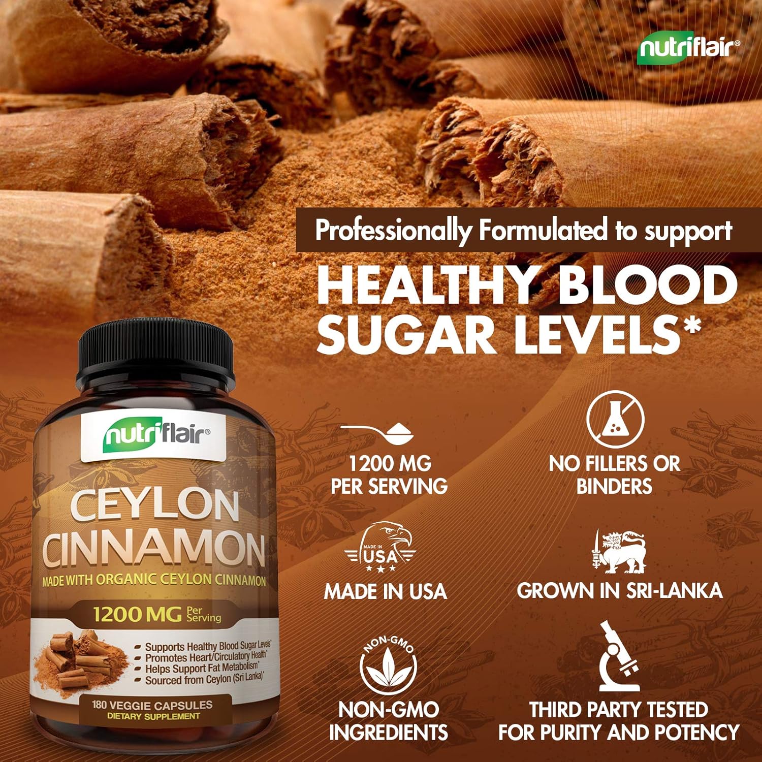 NutriFlair Ceylon Cinnamon (Made with Organic Ceylon Cinnamon) 1200mg per Serving, 180 Capsules - Healthy Blood Sugar Support, Joint Support, Anti-inflammatory & Antioxidant - True Sri Lanka Cinnamon: Health & Personal Care