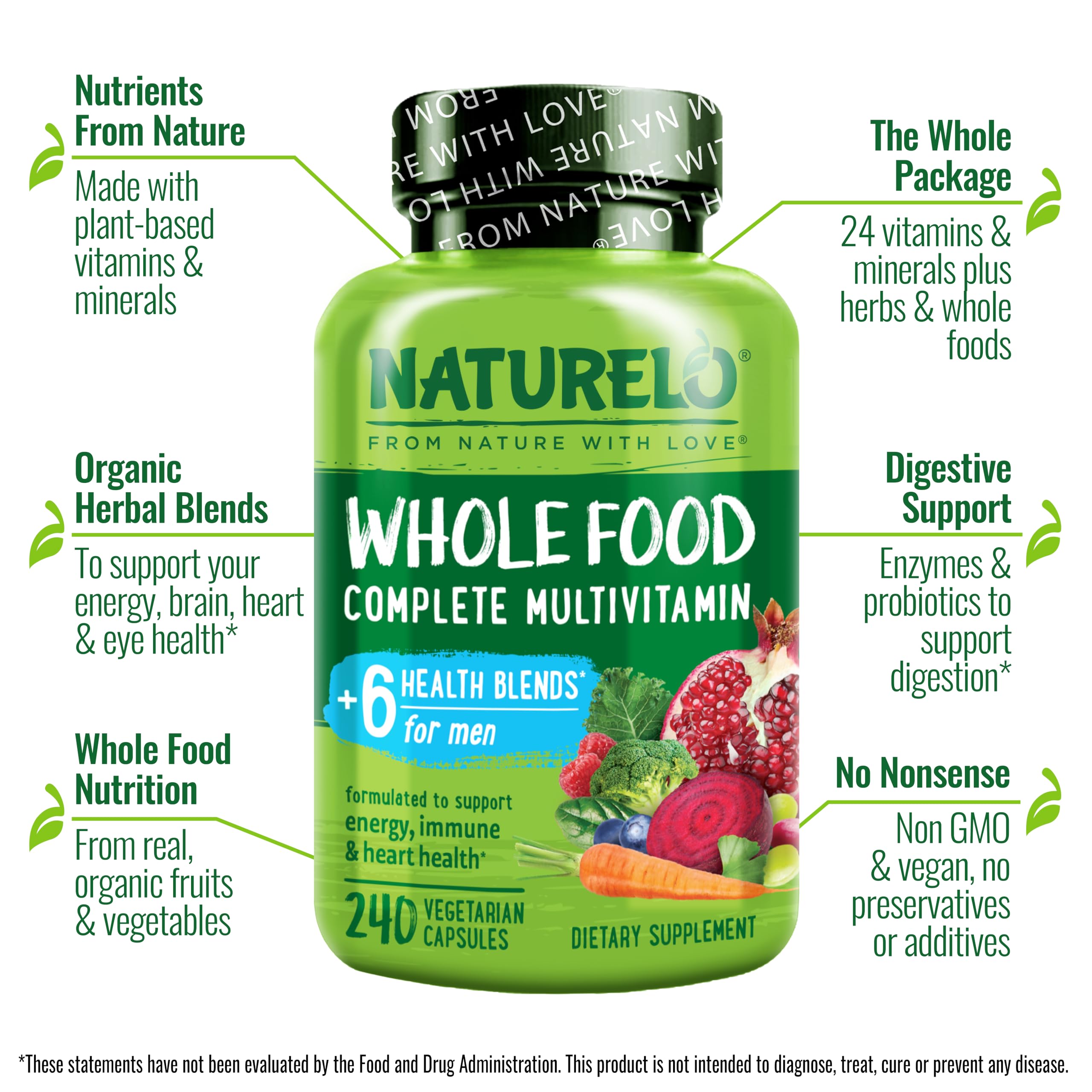 NATURELO Mens Multivitamins - Whole Food Multivitamin for Men with Vitamins, Minerals - 240 Vegetarian Capsules for Energy, Brain, Heart, Eye Health*