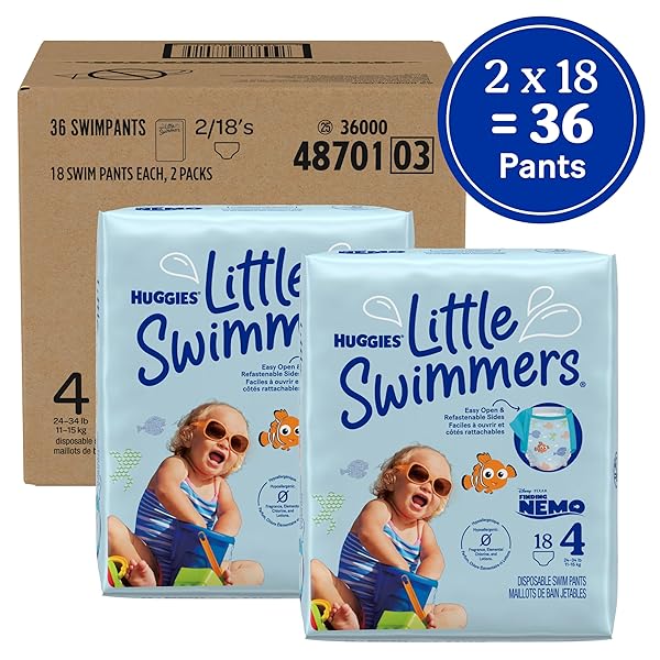 HUGGIES LITTLE SWIMMERS DISPOSABLE SWIM DIAPERS, SIZE 4 (24-34 LBS), 36 CT (2 PACKS OF 18), PACKAGING MAY VARY