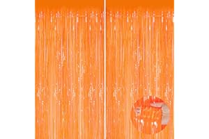 NUWDHP Orange Metallic Tinsel Foil Fringe Curtains, 2 Pack 3.3x8.3 Feet Party Streamer for Birthday Party Decorations, Halloween Decor, Foil Curtain for Bachelorette Party