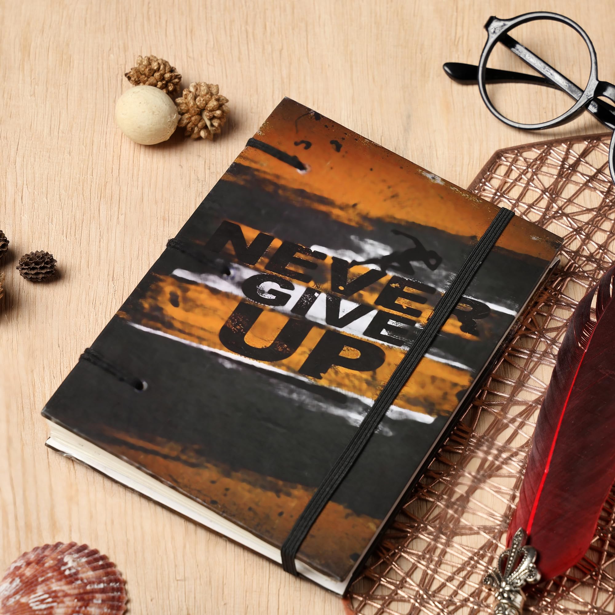 Purpledip Paper Vintage Diary Journal 'Never Give Up': Handmade Paper, Hard Bound, Elastic Strap for Closure, Eco Friendly Notepad, 7 * 5 Inches, 144 Unruled Pages (12733)