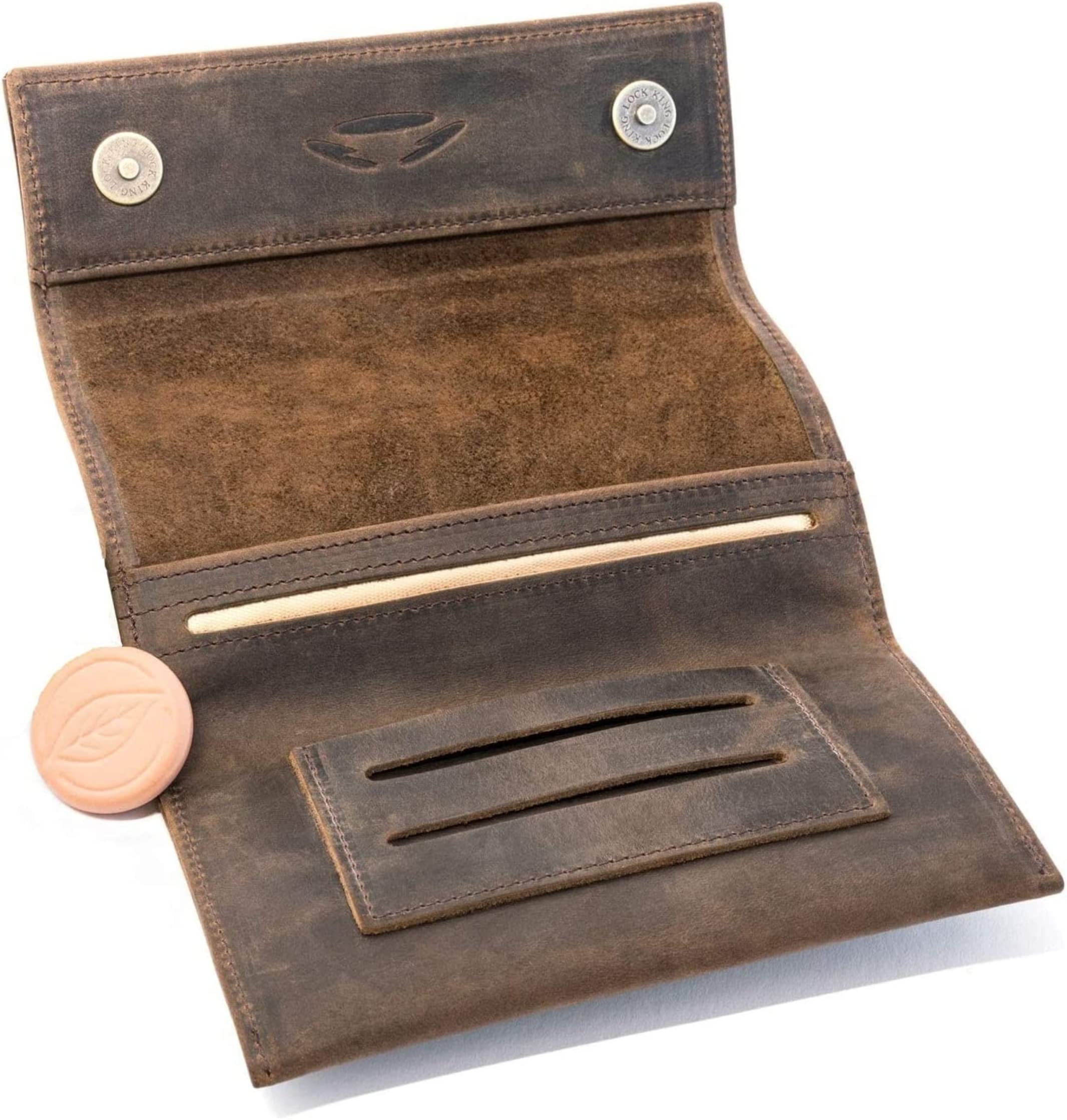 Premium Leather Tobacco Pouch - Magnetic Buttons - Double Paper & Filter Compartment - Handmade Cigarette Case Bag for Rolling Tobacco (Vintage Brown)
