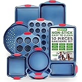 NutriChef 10-Piece Nonstick Bakeware Set - Premium Carbon Steel Baking Pans w/Silicone Handles - Includes Pizza Tray with Holes, 12 & 24 Cup Muffin Pans, Cookie Sheets, Round, Square & Loaf Pan - Blue