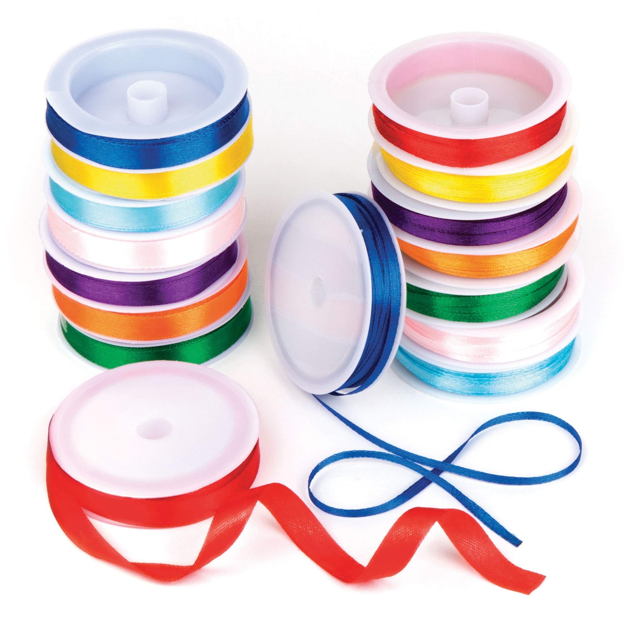 Baker Ross Coloured Satin Ribbon Value Pack 8 Colour, 4mm & 10mm 7.5m/Reel for Kid's Craft & Card Making(Pack of 16 reels)