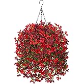 INXUGAO Artificial Hanging Flowers Plants with Basket for Outdoors, Realistic Faux Silk Daisy Flower Eucalyptus for Spring Decor, UV Resistant Fake Plants for Porch Patio Yard Balcony, Red Brown