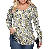 ROSRISS Womens Plus-Size Tops Puff Long Sleeve T Shirts Dressy Flowy Pleated Tunics Cute Casual Crew Neck Blouses XL-5XL