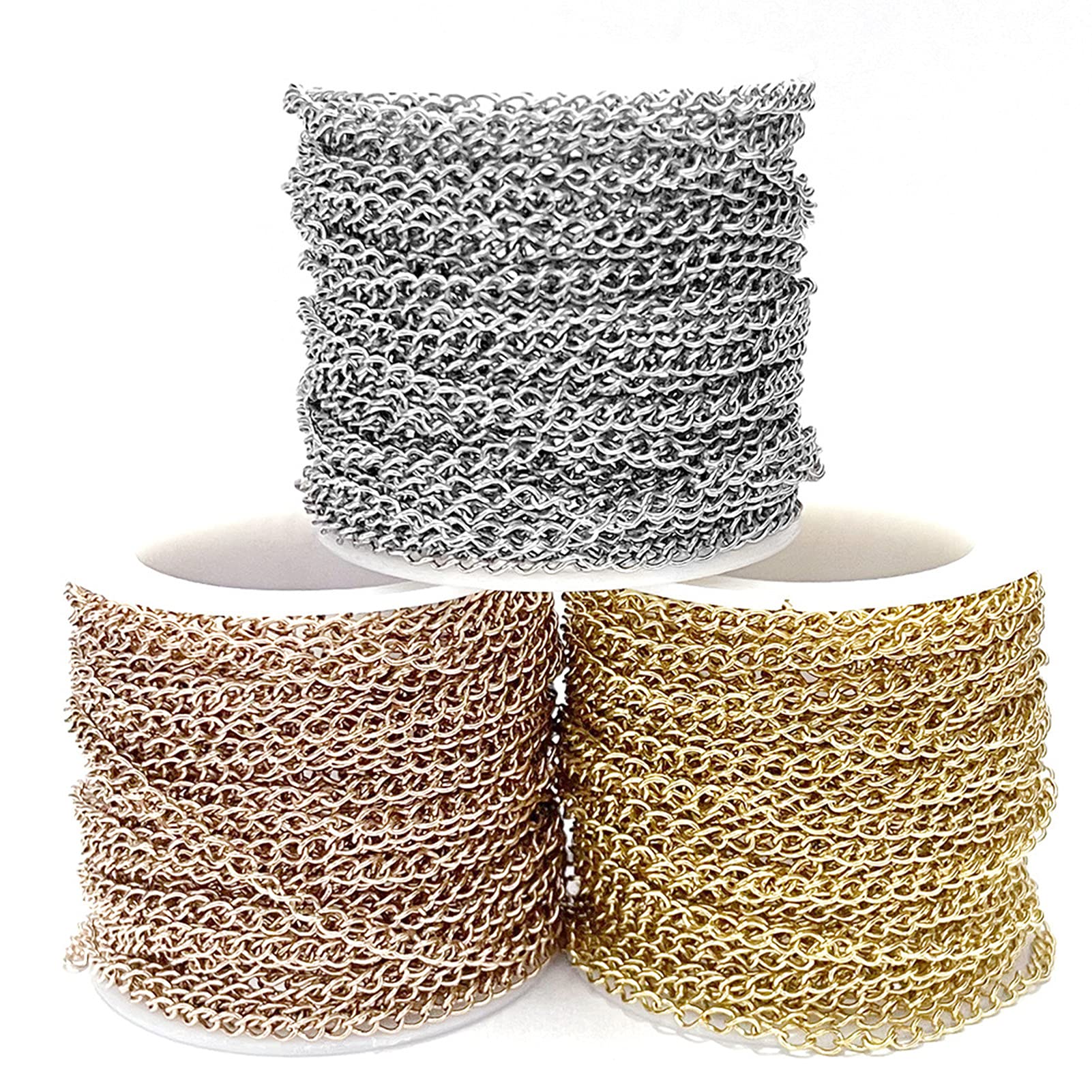 49.2 Feet/15M Soldered 304 Stainless Steel Curb Chains 4x3x0.6mm Twisted Links Cross Cable Chains Rose Gold & Golden & Silver Plated with Spool for Jewelry Making