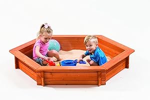 CREATIVE CEDAR DESIGNS Hexagon Wooden Sandbox w Seat Boards | Eco-Friendly Cover & Ground Liner | 59" x 51" x 9" | 3/4" Cedar Boards | Easy DIY Assembly | Holds 300+ lbs of Sand | Natural Cedar Beauty Built to Last