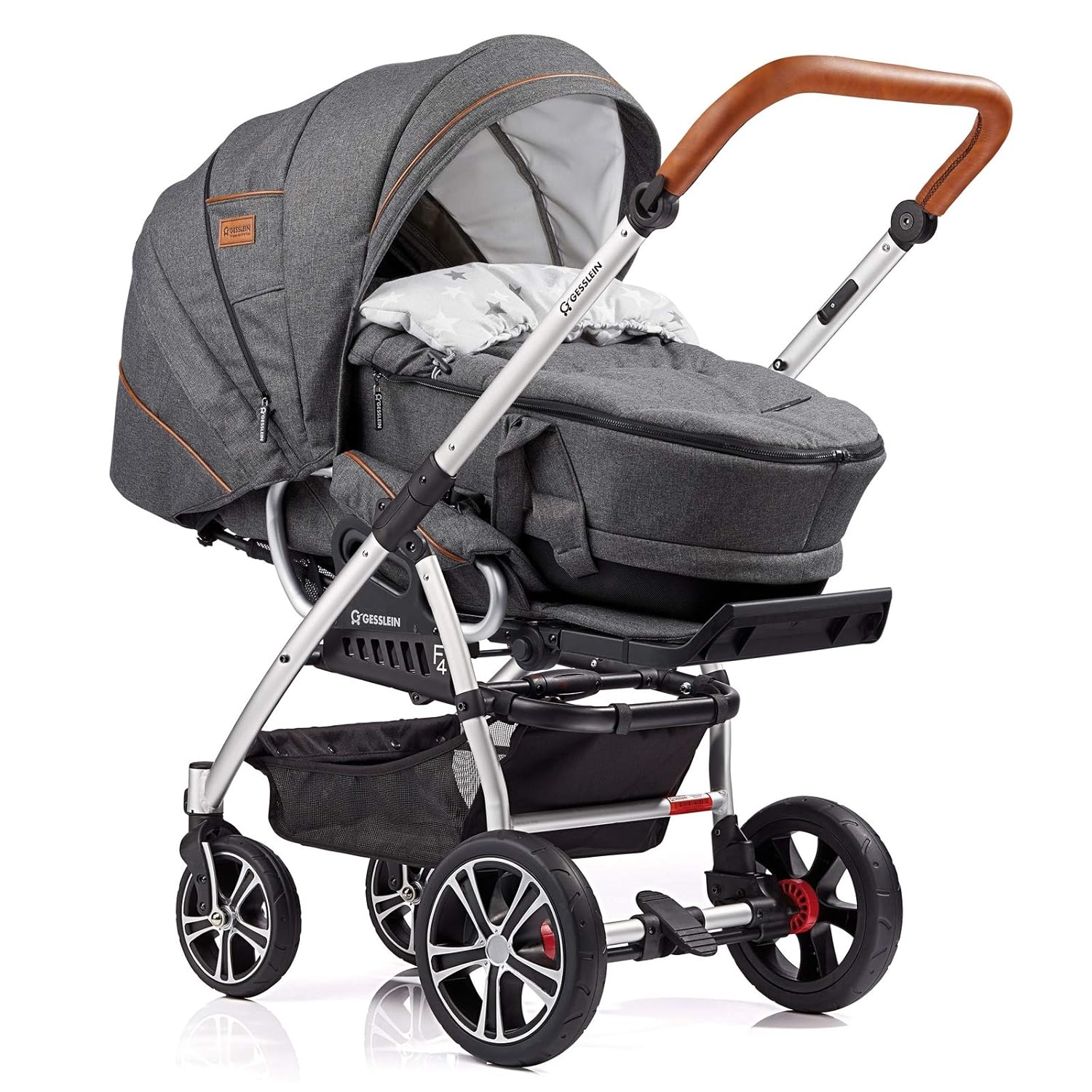 Gesslein Kombi-Kinderwagen F4 Air+ | Gestell: silber eloxiert | Lederschiebegriff: cognac | inkl. C4 – Next Tragetasche | Design: 053053