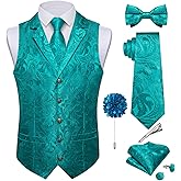 DiBanGu Silk Vest Tie Set for Men,Woven Paisley Dress Waistcoat and Bowtie Pocket Square Cufflinks Lapel Pin Formal Suit Vest