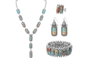 JMScape 4 PCS Western Turquoise Jewelry for Women Boho Vintage Navajo Pearl Necklace Earring Bracelet Ring Set Country Cowgirl Accessories for Gift