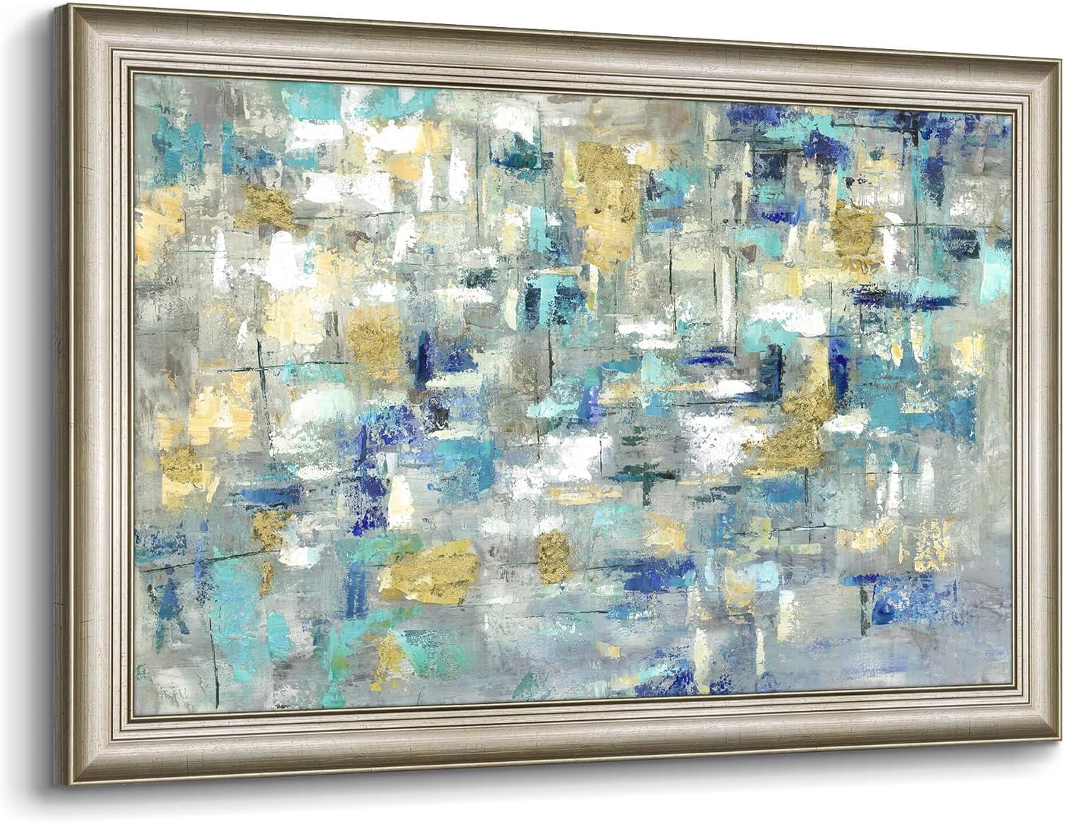 Paintings - Large Abstract Canvas Wall Art: Blue Gold Silver Painting Framed Hand Painted Art Texture Picture Artwork Living Room(45x30)