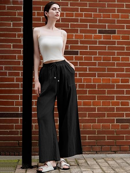 URATOT WOMEN’S COTTON PALAZZO PANTS SUMMER WIDE LEG HIGH WAIST CASUAL LOOSE DRAWSTRING LOUNGE TROUSERS WITH POCKET BLACK