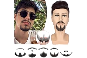 Fanguilar 100% Human Hair Full Hand Tied Lace Fake Mustache Goatee Human Hair Fake Beard Realistic Makeup for Drama/Party/Entertainment/Movie Prop for Halloween Funny Cosplay Costume Party