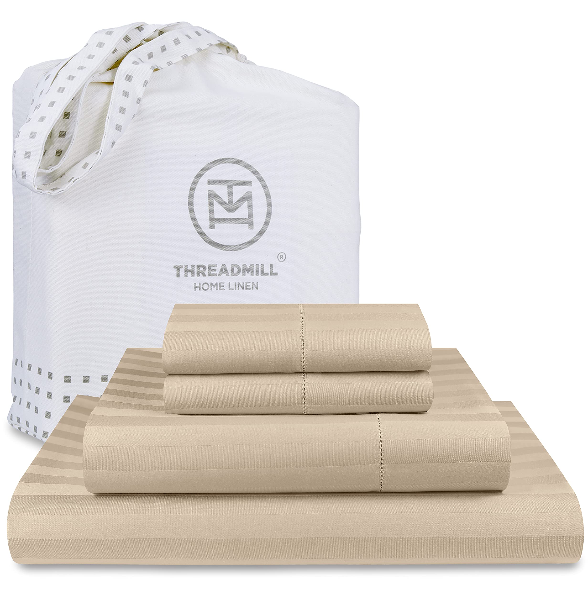 Photo 1 of Threadmill 500 Thread Count Queen Size Damask Stripe, 4 Pc Luxury Cotton Bedding Set, Silky Smooth Light Beige Sheets with 16" Elasticized Deep Pocket, 2 Pillowcases & Free Tote Bag