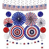 26Pcs 4th of July Decorations Patriotic Decor USA Flag String Red White Blue Paper Fans Star Streamer Pom Poms Hanging Swirls for Memorial Day,Fourth of July,Armed Forces Day,Flag Day