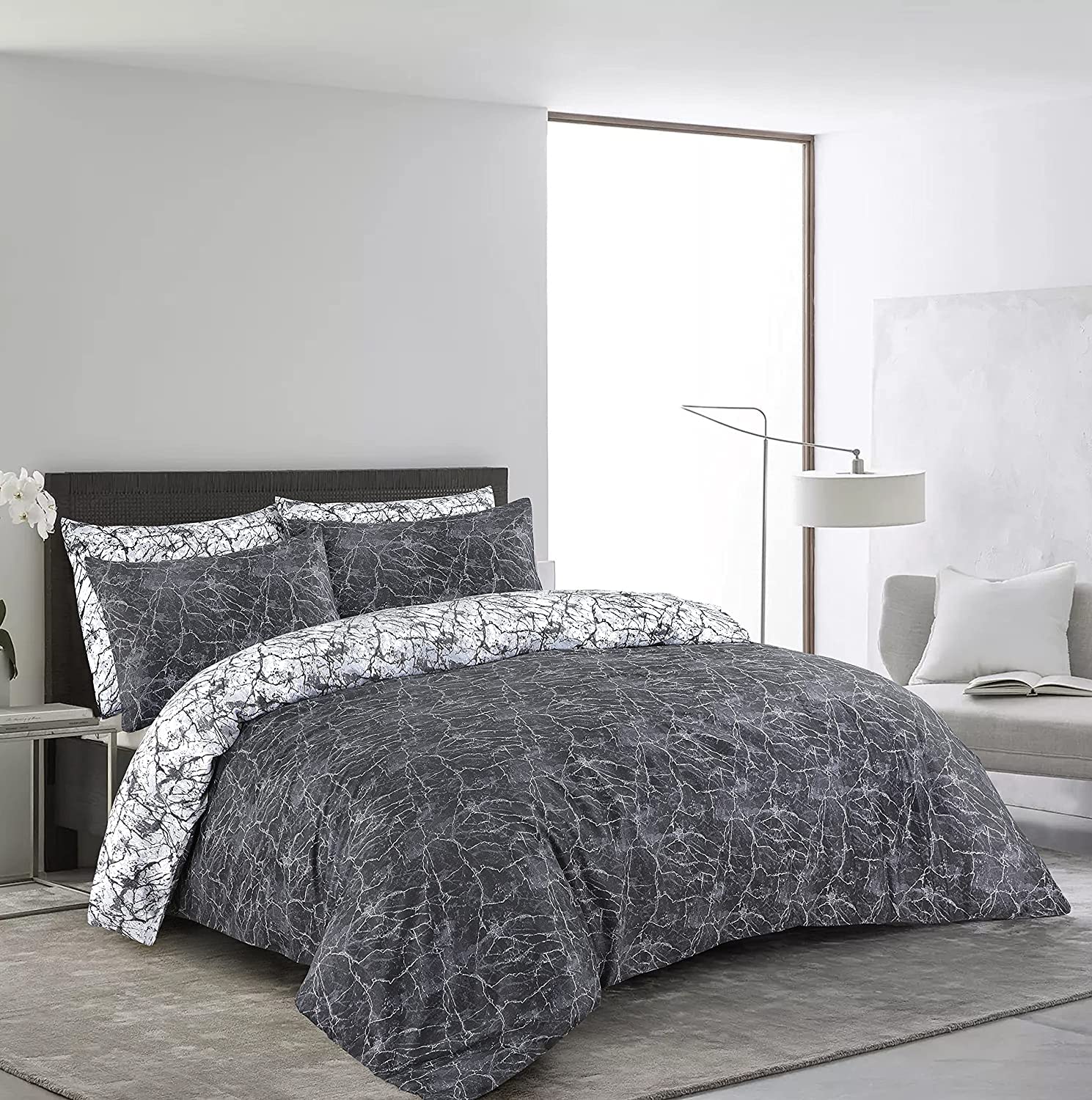 SeventhStitch Printed Duvet Cover Set King Size Bedding Bed Set 100% Cotton 200 Thread Count Reversible White | Grey | Silver | Charcoal Quilt Covers with Pillow Cases (King)