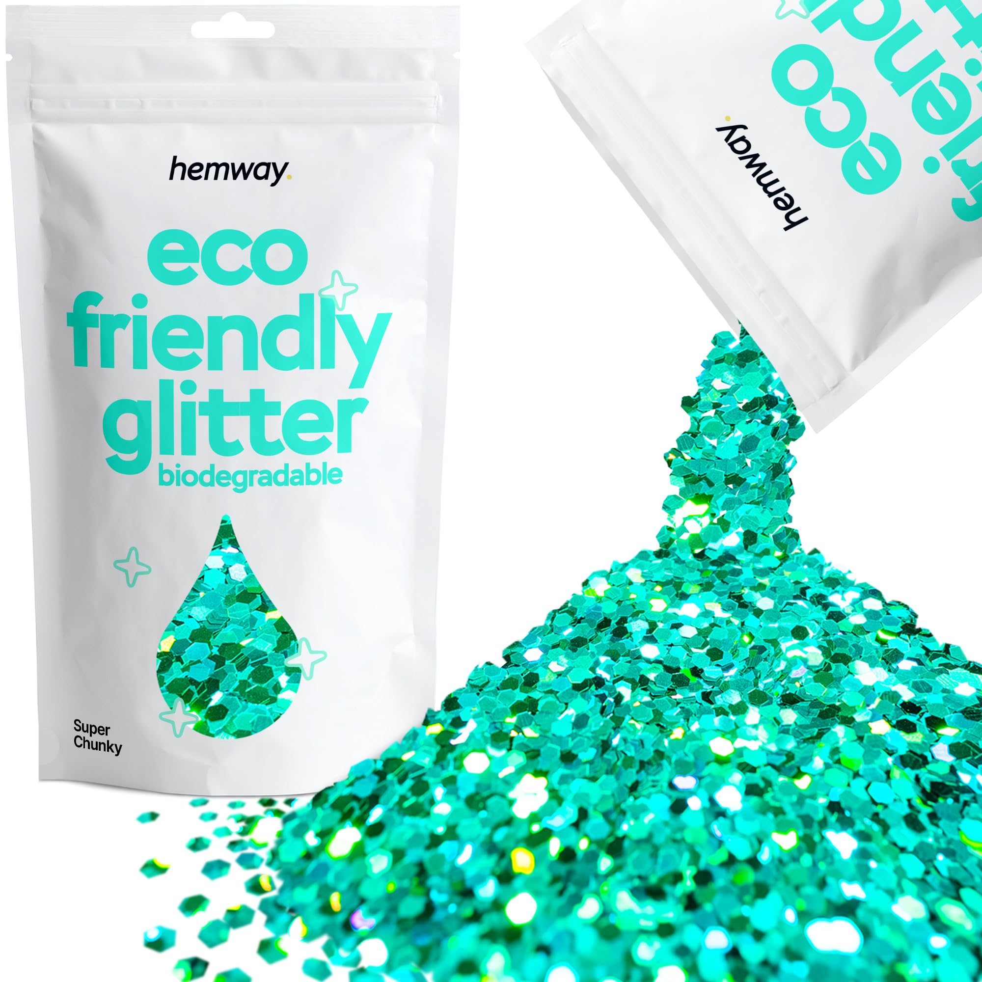 Eco Friendly Biodegradable Glitter | Turquoise Blue Holographic - Super Chunky 100g, Plant Based, Biodegradable Glitter for Craft, Face, Hair, Nail, Body and Festival - Hemway — image 1