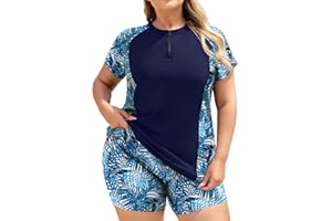 COOTRY Plus Size Two Piece Rash Guard Women Short Sleeve Bathing Suit Zip Up Swimsuit Built in Bra Swim Suit Swimwear