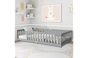 Lyngins Twin Size Floor Bed, Toddler Floor Bed Frame with Safety Guardrails, Solid Wood Montessori Beds with Support Slats and High Fence for Kids, Boys or Girls - Gray/Grey