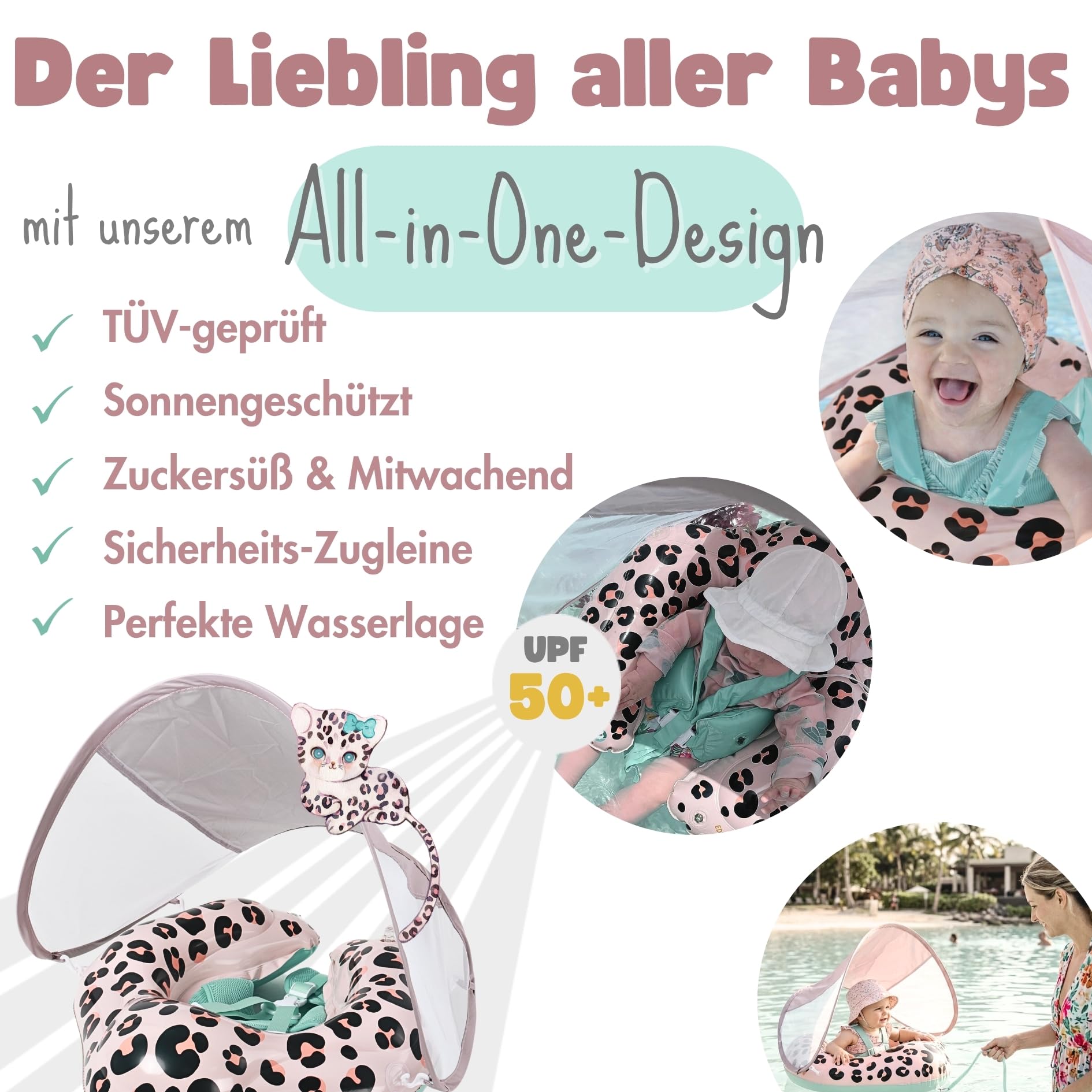 EDWEKIN® Baby Schwimmring 2026 mit Eltern-Zugleine – Mehr Sicherheit & Wasserspaß | TÜV geprüft | Premium Baby Float mit UPF50+ Sonnendach, Netzstoffgurt & Leo-Optik | 6–36M | Mitwachsend 3